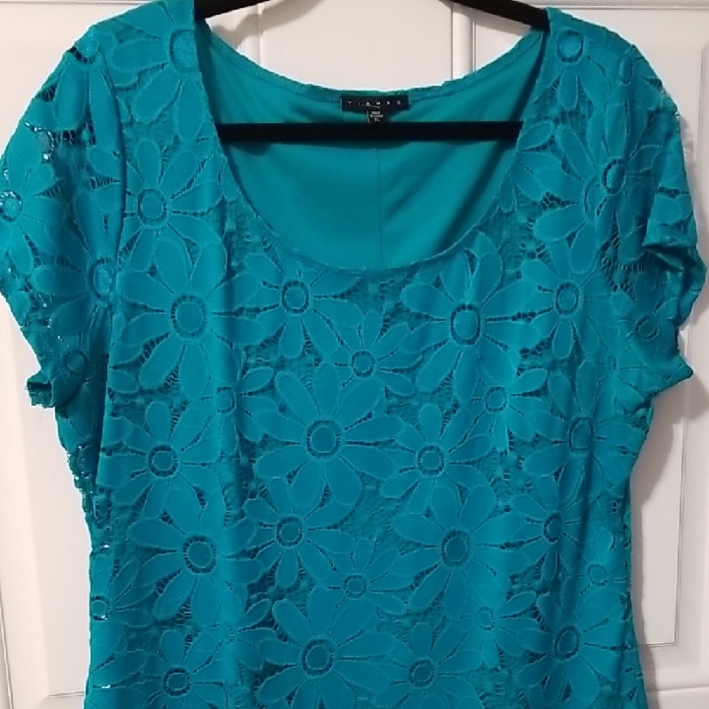 Tiana B. Teal Floral Lace Dress Daisy Overlay Spring Summer XL Pullon.